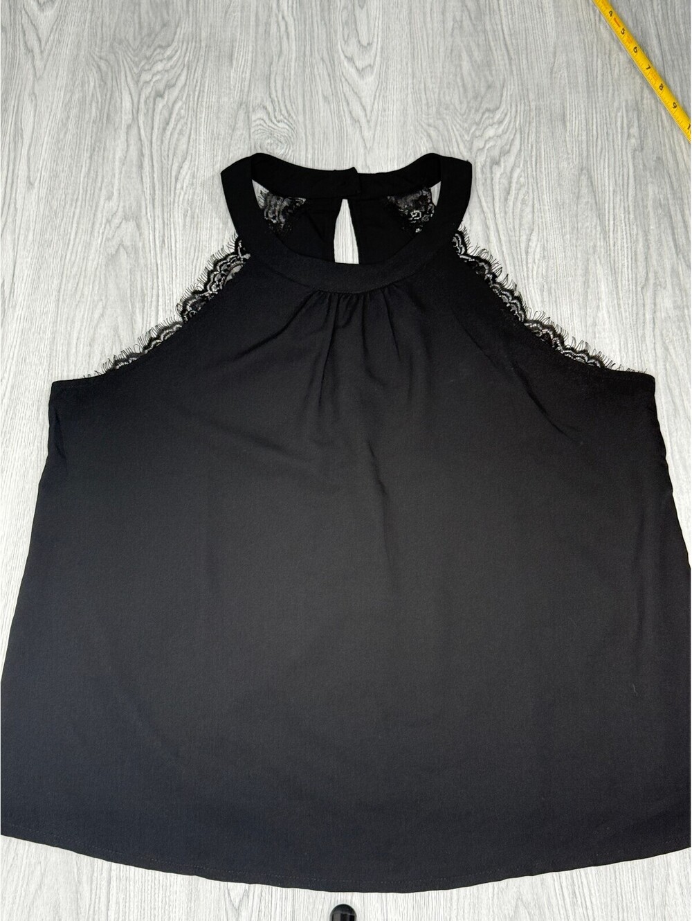 Nine Bird Black Lace Trim Sleeveless Halter Blouse Keyhole Back